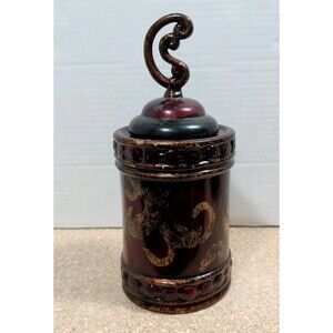 Tuscan Style Decorative Ceramic Canister Jar w/ Ornate Finial Lid - Red & Gold